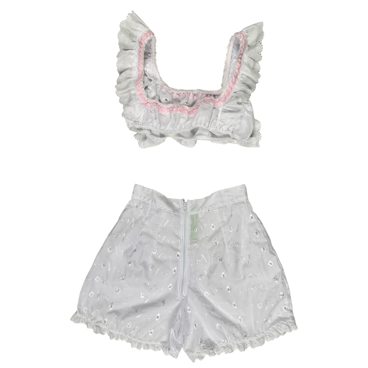 WHITE RUFFLED BANDEAU TOP WITH MATCHING HIGH WAISTED  SHORTS l XS