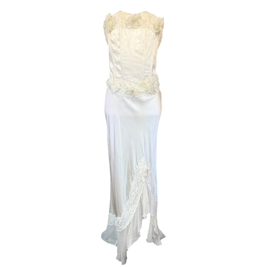 VINTAGE CORSET SILK LACE WHITE/CREAM DRESS - L