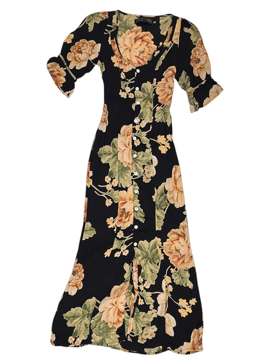 MODERN BUTTON DOWN BLACK WITH PINK FLORAL MAXI DRESS l XXS