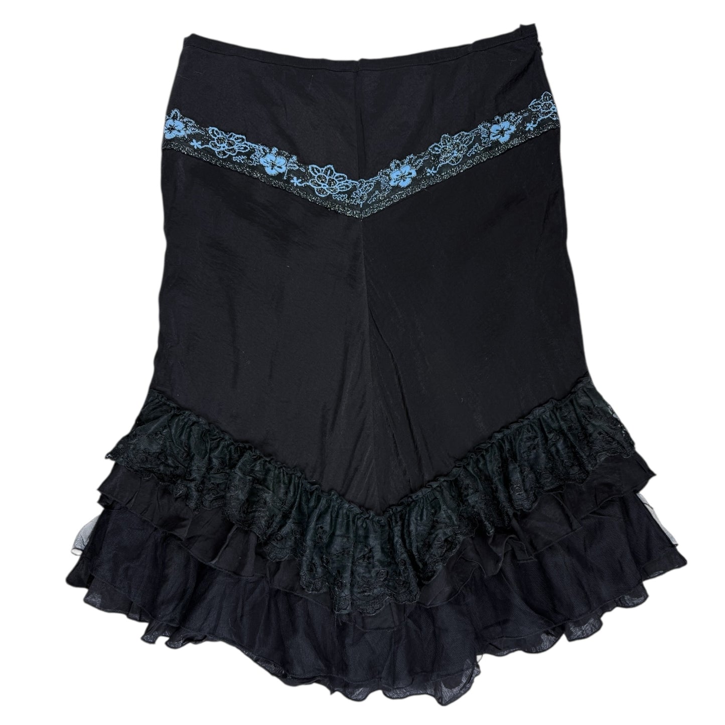 VINTAGE BLACK LACE TRIMMED SKIRT WITH SPARKLY BLUE FLORAL DETAILS l L