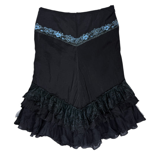 VINTAGE BLACK LACE TRIMMED SKIRT WITH SPARKLY BLUE FLORAL DETAILS l L