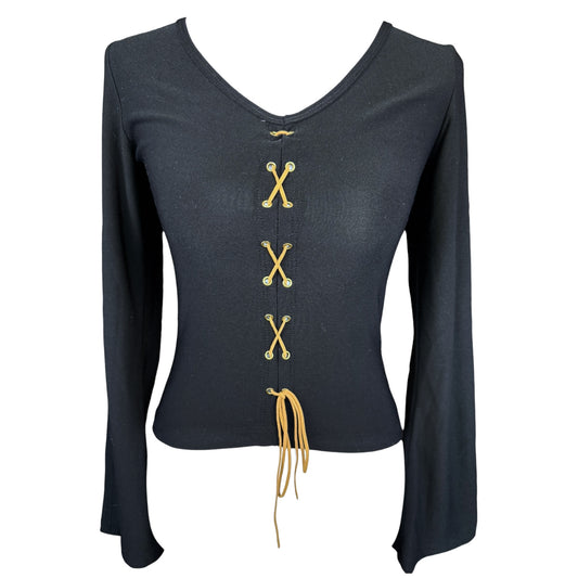 VINTAGE BLACK LACE UP LONG SLEEVE SHIRT l XS