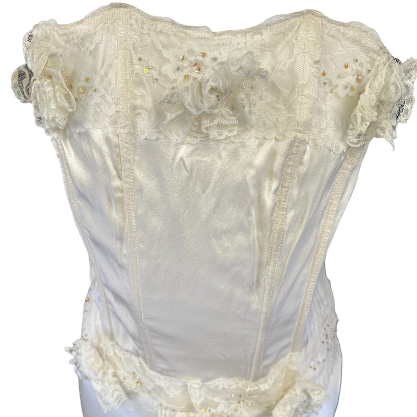 VINTAGE CORSET SILK LACE WHITE/CREAM DRESS - L
