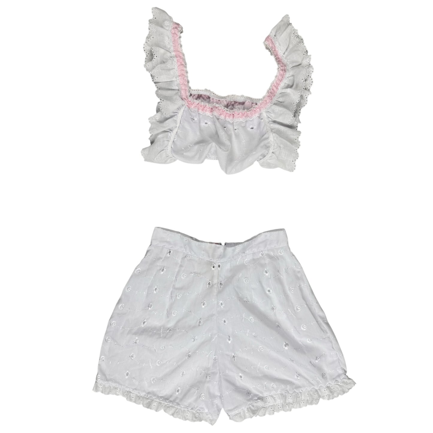 WHITE RUFFLED BANDEAU TOP WITH MATCHING HIGH WAISTED  SHORTS l XS