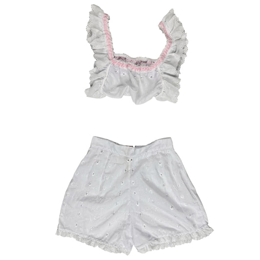 WHITE RUFFLED BANDEAU TOP WITH MATCHING HIGH WAISTED  SHORTS l XS