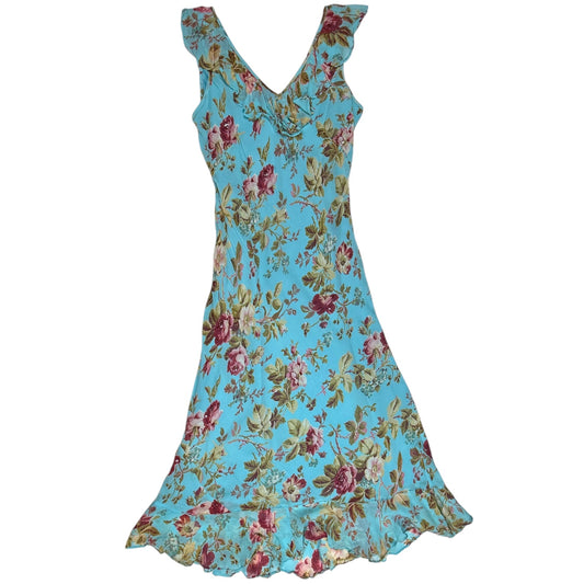 VINTAGE BLUE AND FUCHSIA FLORAL SLEEVELESS DRESS l PARADISE NY l L