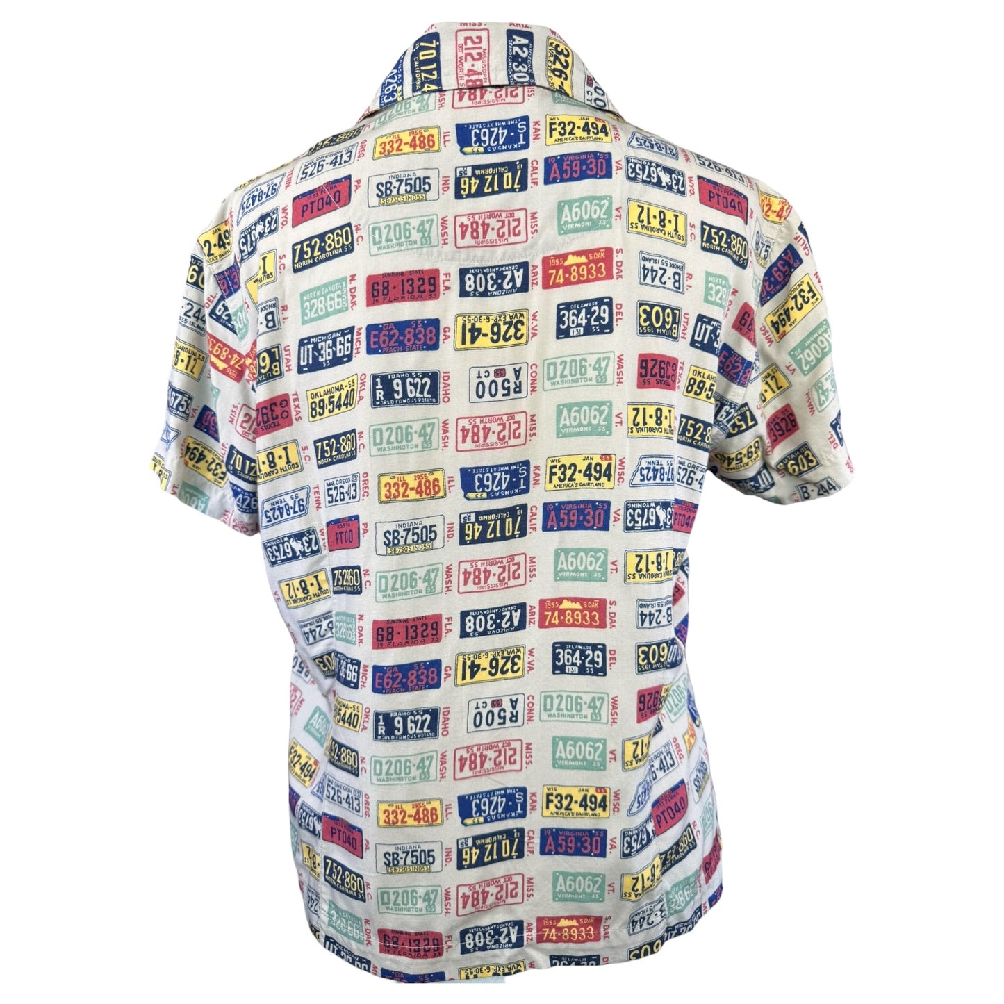 VINTAGE LICENSE PLATE PATTERN SHORT SLEEVE BUTTON UP BLOUSE l L