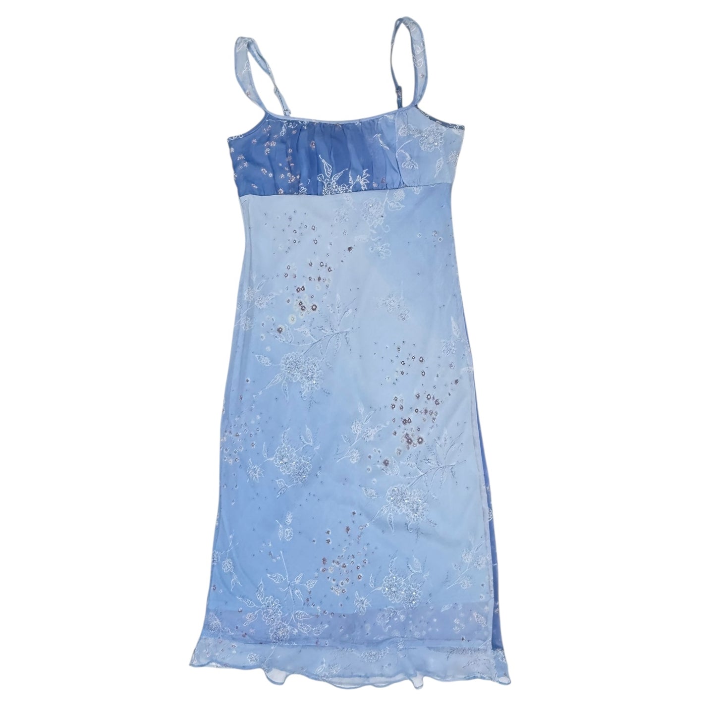 VINTAGE BLUE OMBRE FLORAL RHINESTONE DRESS l M