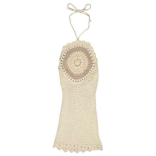 MODERN CREME CROCHET HALTER DRESS l S