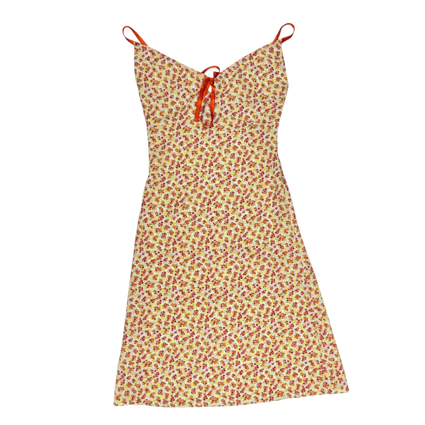 VINTAGE FLORAL DRESS WITH ORANGE RIBBON STRAPS AND TIE l XXS