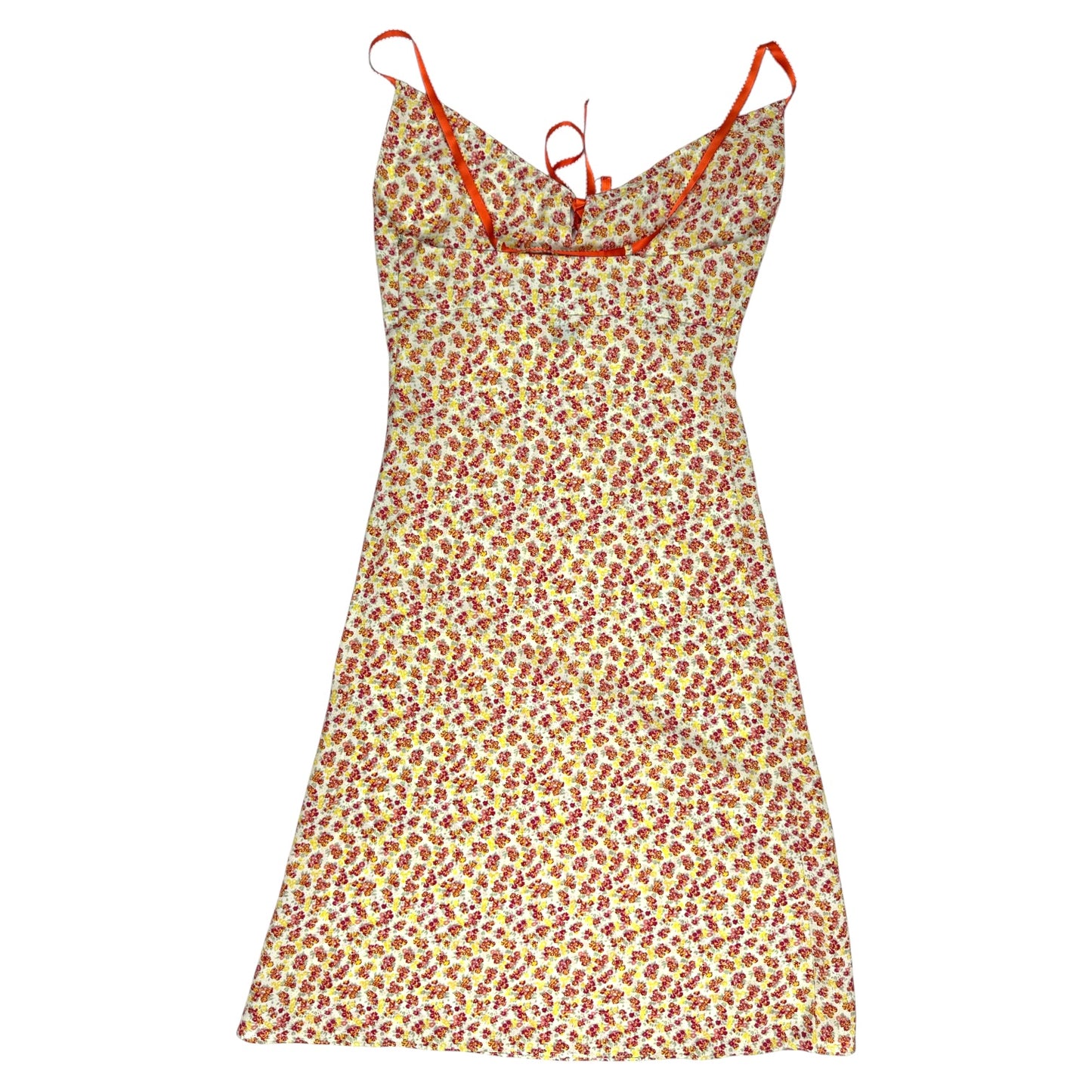 VINTAGE FLORAL DRESS WITH ORANGE RIBBON STRAPS AND TIE l XXS