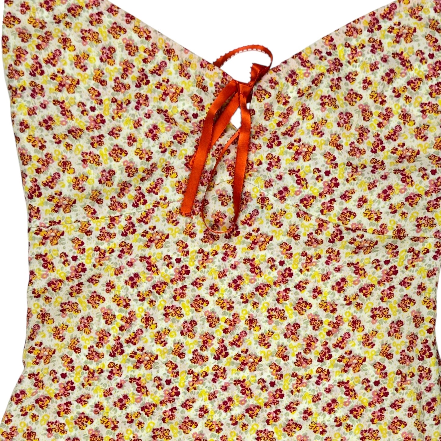 VINTAGE FLORAL DRESS WITH ORANGE RIBBON STRAPS AND TIE l XXS