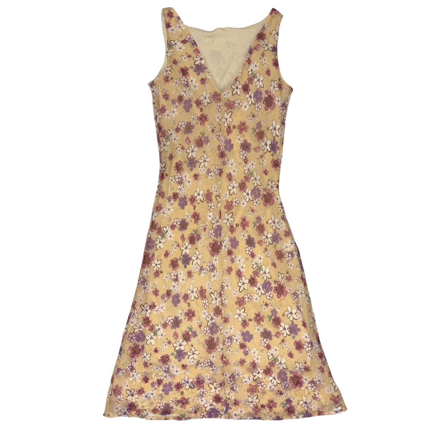 VINTAGE SLEEVELESS LIGHT BEIGE PURPLE FLORAL DRESS l S