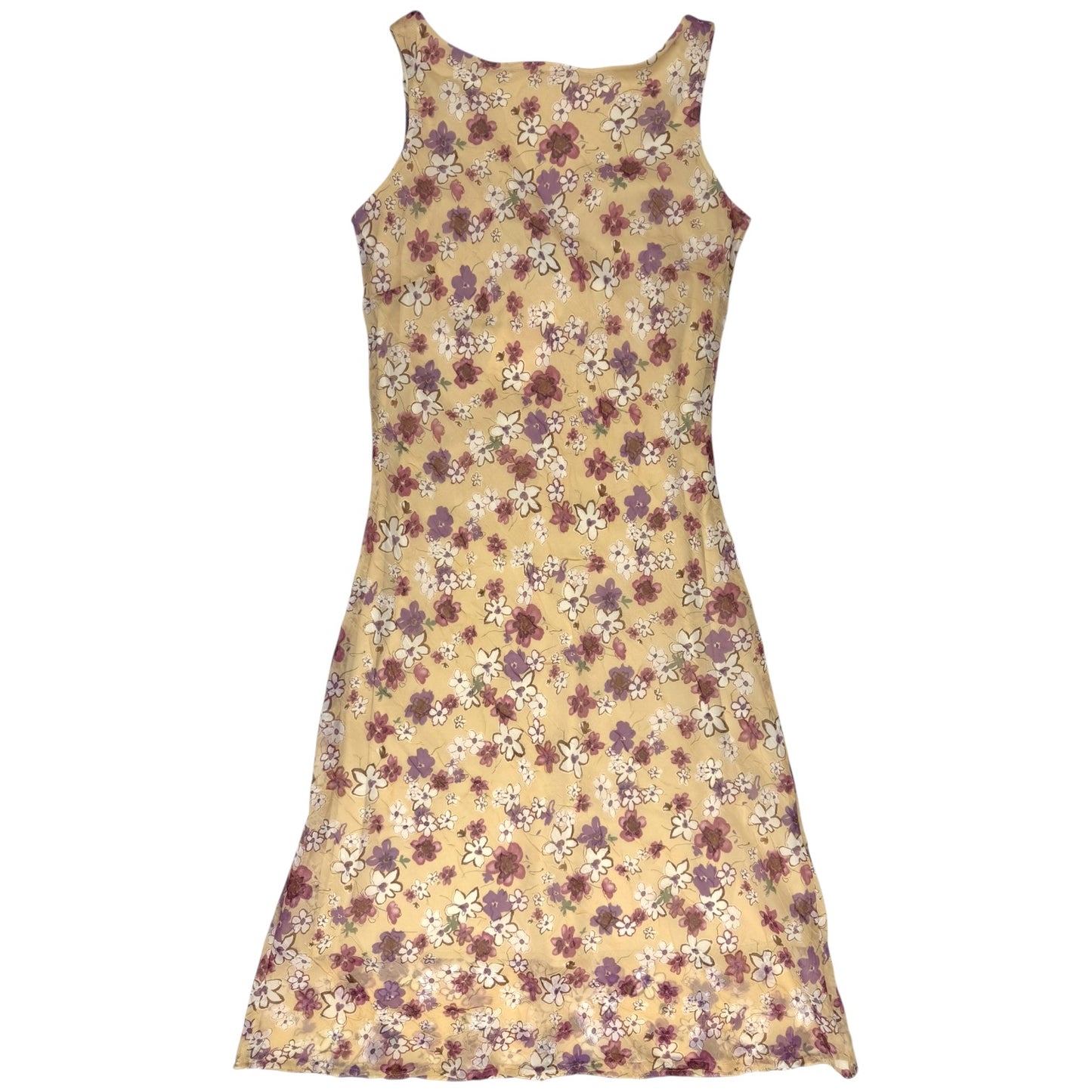 VINTAGE SLEEVELESS LIGHT BEIGE PURPLE FLORAL DRESS l S