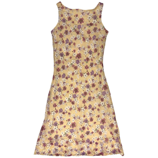 VINTAGE SLEEVELESS LIGHT BEIGE PURPLE FLORAL DRESS l S