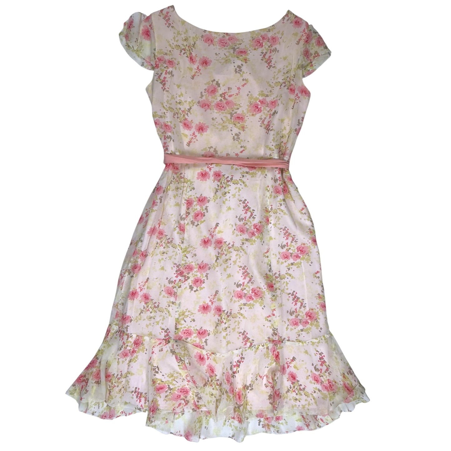 VINTAGE PINK SILK FLORAL A LINE CAP SLEEVE DRESS l XS