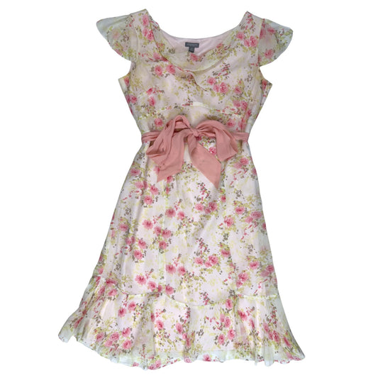 VINTAGE PINK SILK FLORAL A LINE CAP SLEEVE DRESS l XS