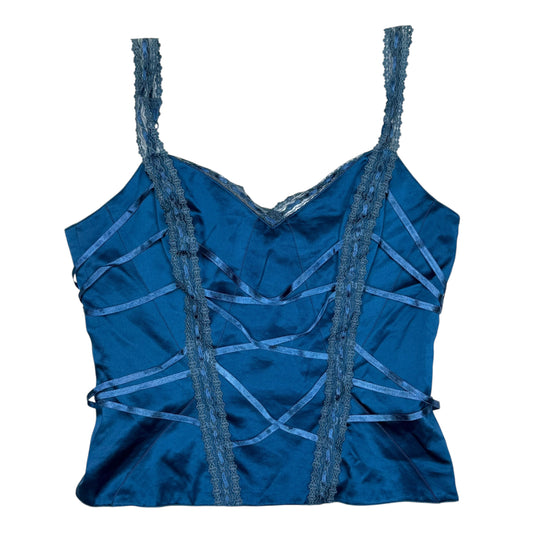 VINTAGE BLUE SILK BEBE RUFFLE CAMI LACE TOP - XS