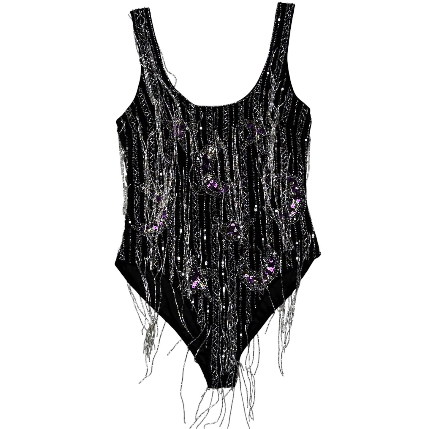 NASTY GAL SEQUINED BLACK BODY SUIT WITH BEADED TASSLES - XS/S