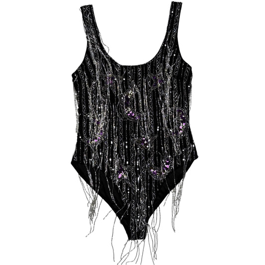 NASTY GAL SEQUINED BLACK BODY SUIT WITH BEADED TASSLES - XS/S