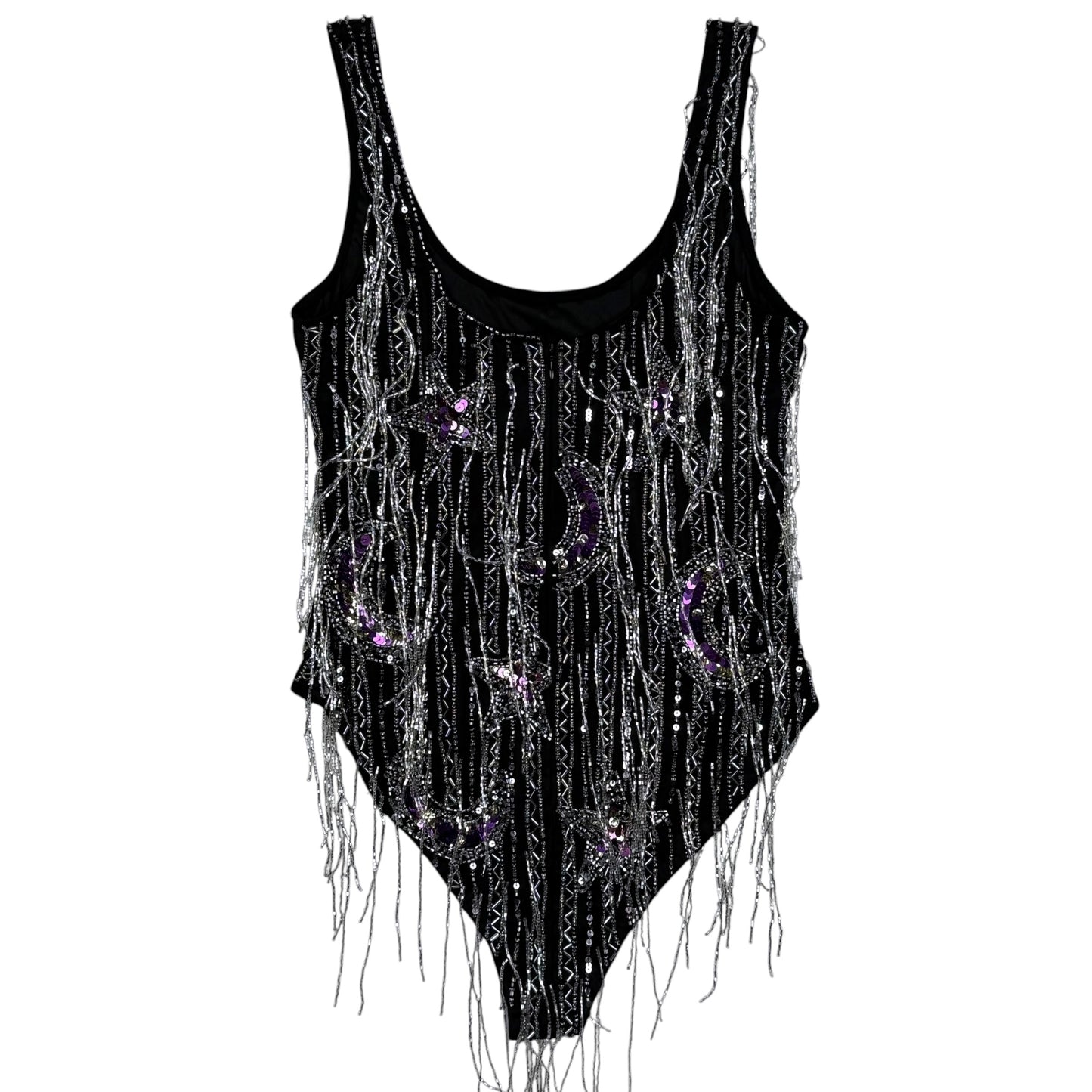 NASTY GAL SEQUINED BLACK BODY SUIT WITH BEADED TASSLES - XS/S