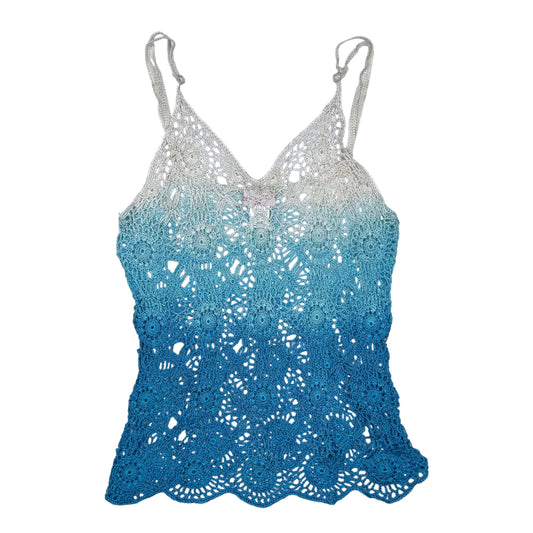 VINTAGE OH YES BLUE AND WHITE OMBRE CROCHET TANK TOP - M/L